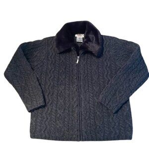 Talbots lambswool Sweater Jacket Gray Faux Fur Collar XS Petite Shacket vintage